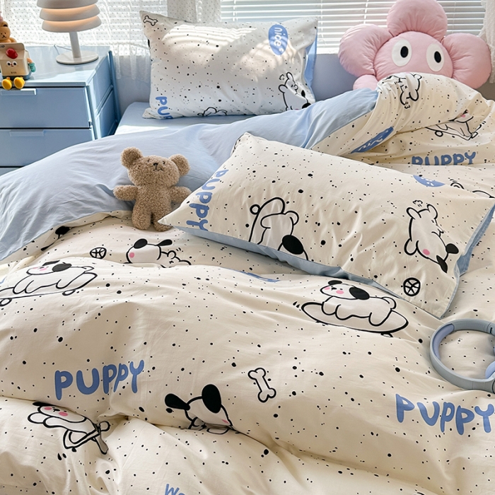 91家纺网 家纺一手货源 找家纺 昔可 2023新款全棉可爱动物卡通印花四件套 滑板狗狗蓝