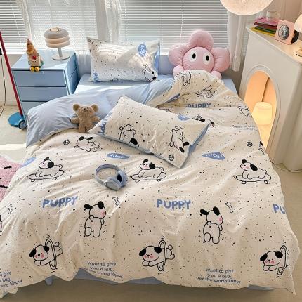 昔可 2023新款全棉可爱动物卡通印花四件套 滑板狗狗蓝