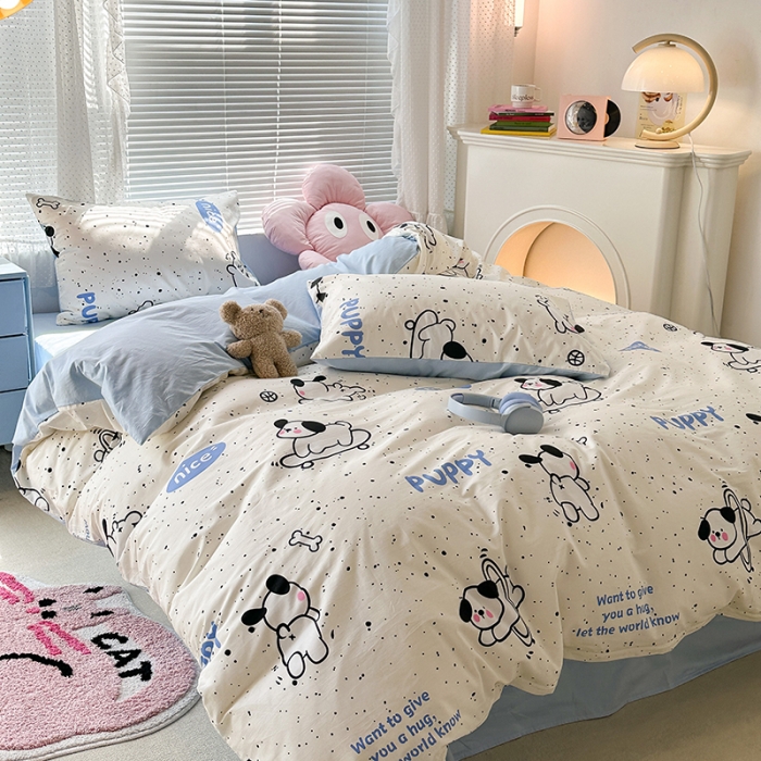 91家纺网 家纺一手货源 找家纺 昔可 2023新款全棉可爱动物卡通印花四件套 滑板狗狗蓝