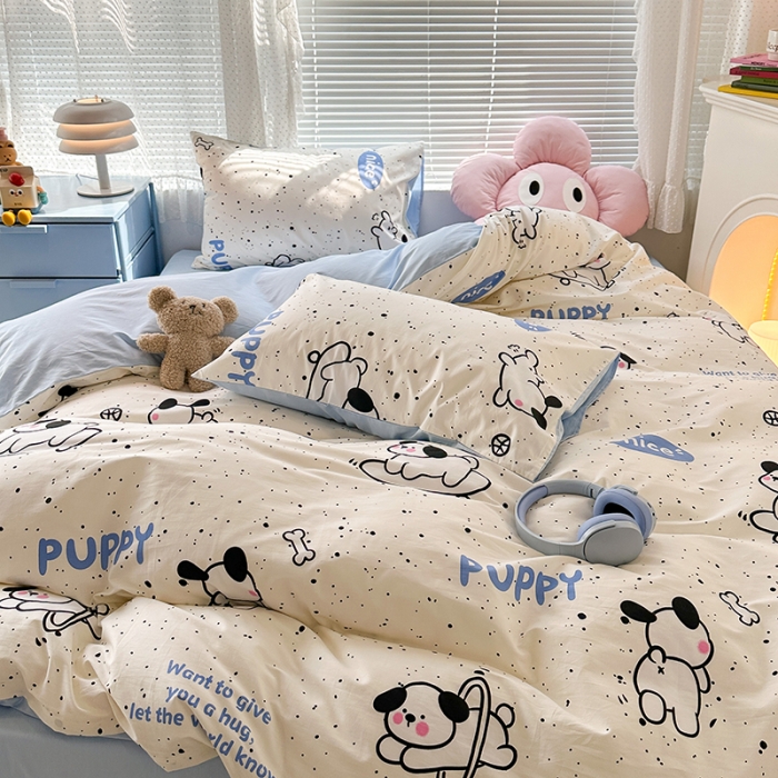 91家纺网 家纺一手货源 找家纺 昔可 2023新款全棉可爱动物卡通印花四件套 滑板狗狗蓝