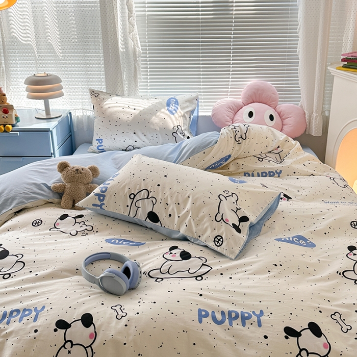 91家纺网 家纺一手货源 找家纺 昔可 2023新款全棉可爱动物卡通印花四件套 滑板狗狗蓝