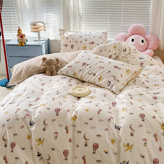 91家纺网 家纺一手货源 找家纺 昔可 2023新款全棉可爱动物卡通印花四件套 热气球之旅