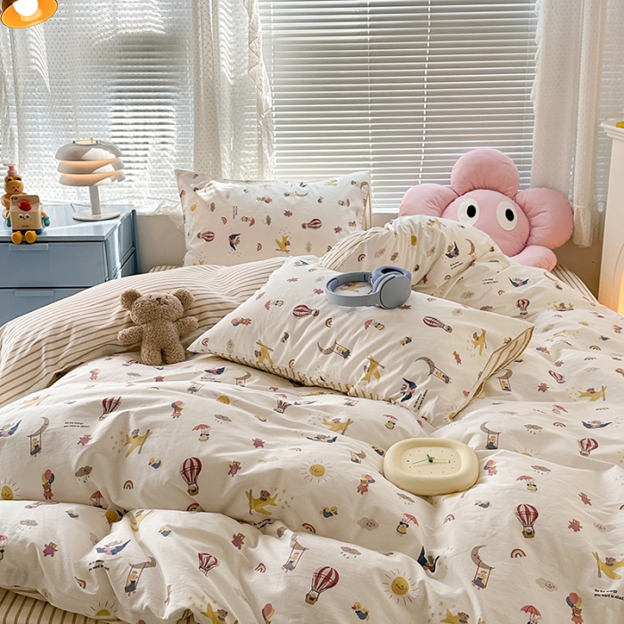 91家纺网 家纺一手货源 找家纺 昔可 2023新款全棉可爱动物卡通印花四件套 热气球之旅