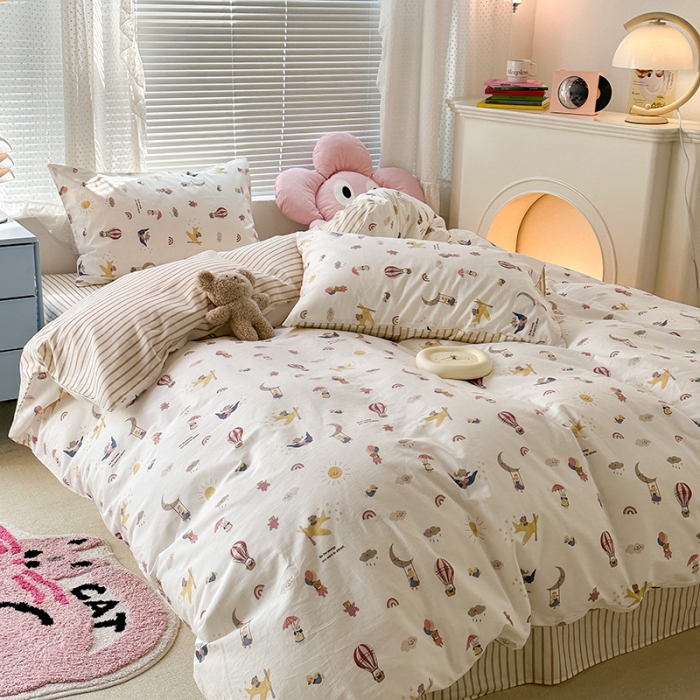 91家纺网 家纺一手货源 找家纺 昔可 2023新款全棉可爱动物卡通印花四件套 热气球之旅