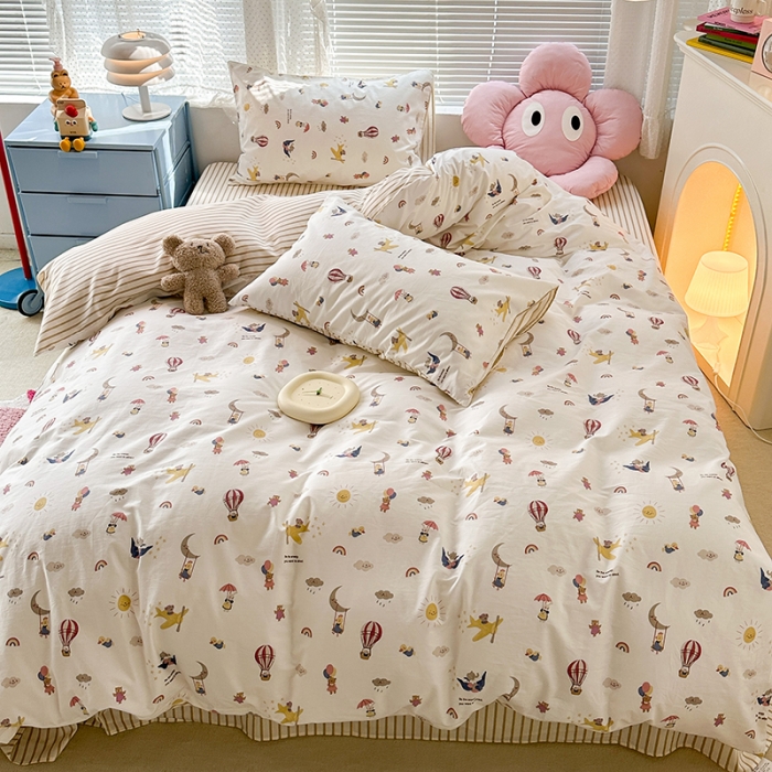 91家纺网 家纺一手货源 找家纺 昔可 2023新款全棉可爱动物卡通印花四件套 热气球之旅