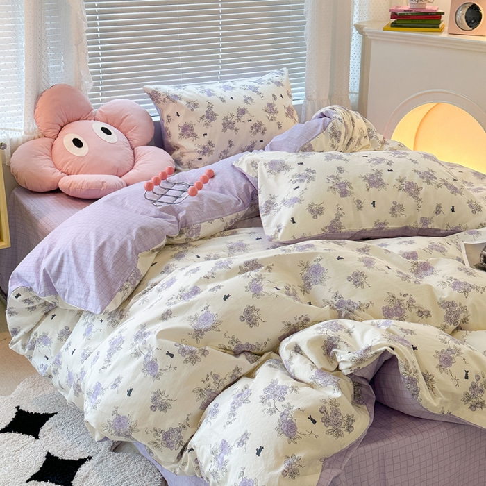 91家纺网 家纺一手货源 找家纺 昔可 2023新款全棉可爱动物卡通印花四件套 紫藤花