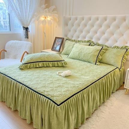 网红馆 2025新款高克重加厚保暖牛奶绒眷恋系列单床裙 眷恋-水果绿