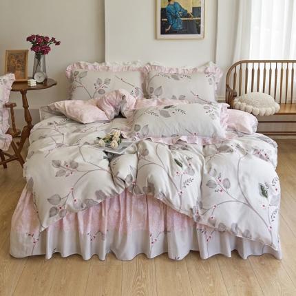 91家纺网 家纺一手货源 找家纺 （总）爱妮玖玖 全棉春暖系列床裙四件套-单层床裙四件套配双针被套