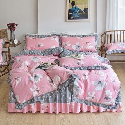 91家纺网 家纺一手货源 找家纺 （总）爱妮玖玖 全棉春暖系列床裙四件套-单层床裙四件套配花边被套