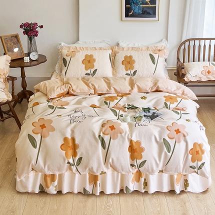 91家纺网 家纺一手货源 找家纺 （总）爱妮玖玖 2023新款全棉春暖系列夹棉床裙四件套配双针被套