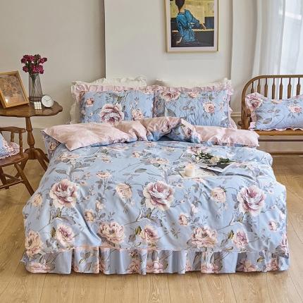 91家纺网 家纺一手货源 找家纺 （总）爱妮玖玖 2023新款全棉春暖系列夹棉床裙四件套配双针被套