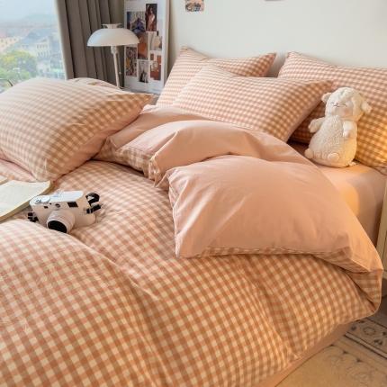 91家纺网 家纺一手货源 找家纺 芃成 2023新款全棉水洗棉四件套 粉小格