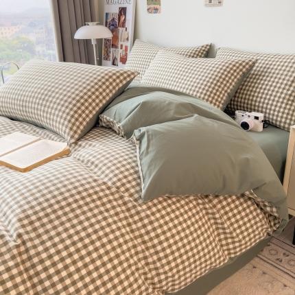 91家纺网 家纺一手货源 找家纺 芃成 2023新款全棉水洗棉四件套 绿小格