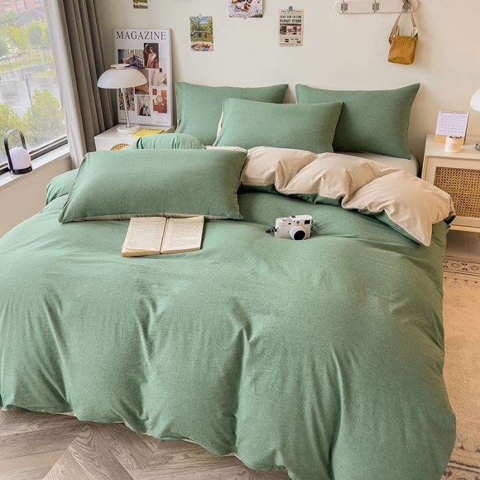 91家纺网 家纺一手货源 找家纺 芃成 2023新款全棉水洗棉四件套 草绿配米色