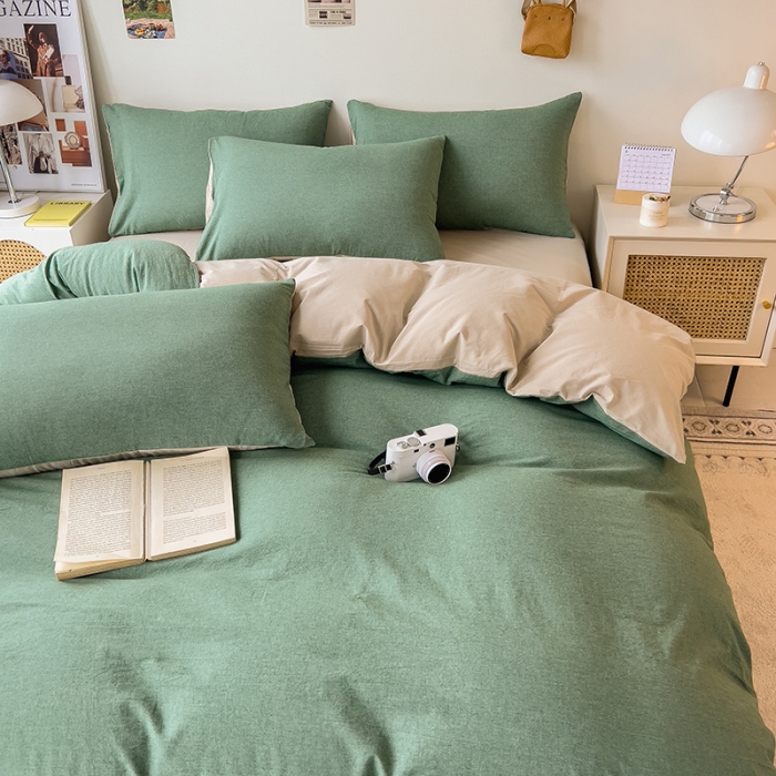 91家纺网 家纺一手货源 找家纺 芃成 2023新款全棉水洗棉四件套 草绿配米色