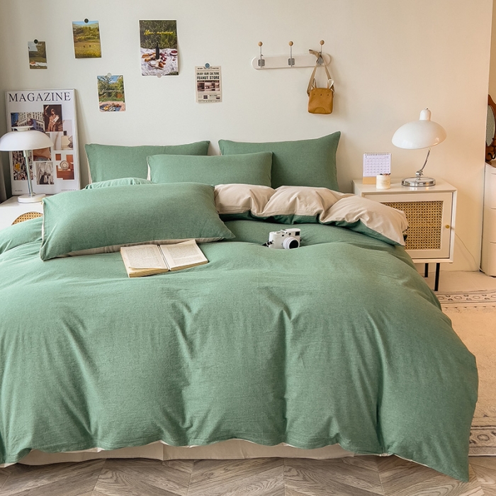 91家纺网 家纺一手货源 找家纺 芃成 2023新款全棉水洗棉四件套 草绿配米色