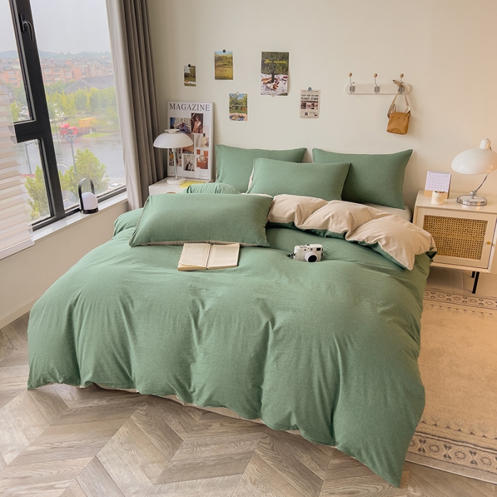 91家纺网 家纺一手货源 找家纺 芃成 2023新款全棉水洗棉四件套 草绿配米色