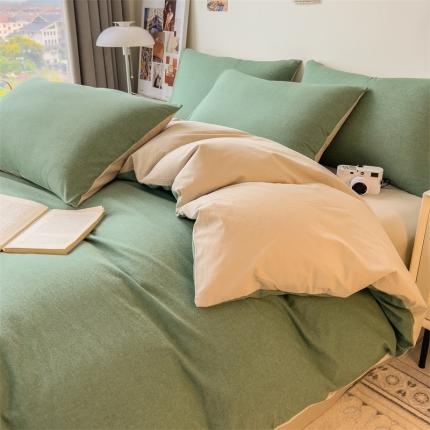 芃成 2023新款全棉水洗棉四件套 草绿配米色
