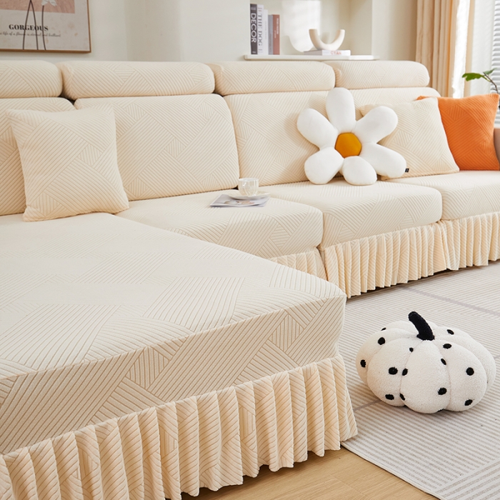 91家纺网 家纺一手货源 找家纺 天下布艺 2023新款初见裙边摇粒绒沙发垫 初见-米色