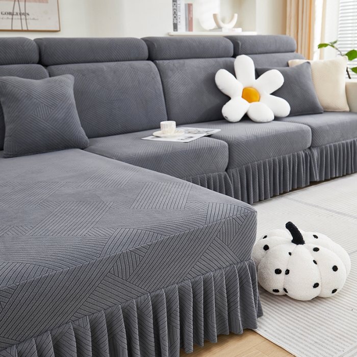 91家纺网 家纺一手货源 找家纺 天下布艺 2023新款初见裙边摇粒绒沙发垫 初见-深灰