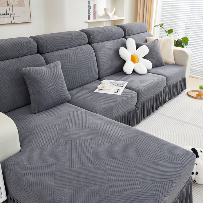 91家纺网 家纺一手货源 找家纺 天下布艺 2023新款初见裙边摇粒绒沙发垫 初见-深灰