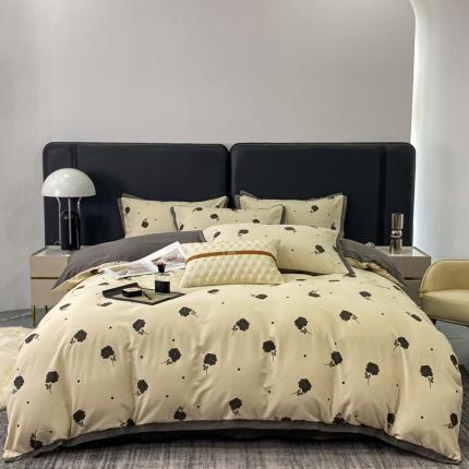 91家纺网 家纺一手货源 找家纺 仟网汇 2023新款纯棉磨毛加厚喷气印花拼角四件套怦然心动-黑