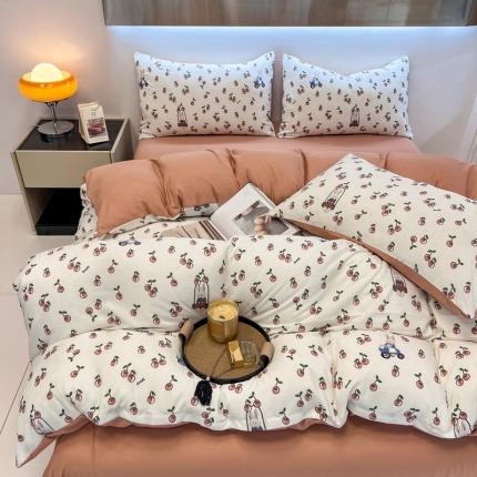 91家纺网 家纺一手货源 找家纺 仟网汇 2023新款休闲款皱皱布棉麻双层纱四件套休闲款-车厘子白