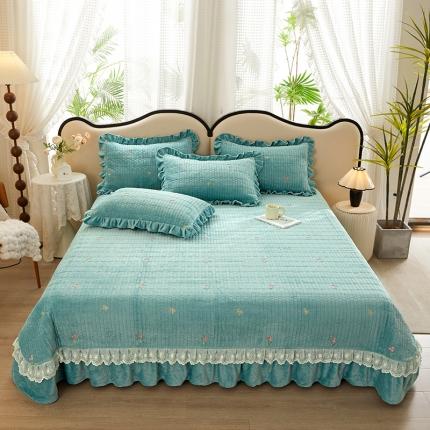 宜凡 2023新款牛奶绒夹棉绗缝绣花床盖三件套 丁香-水绿