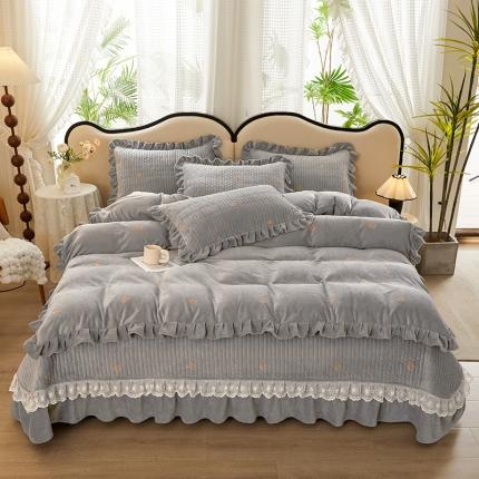 宜凡 2023新款牛奶绒夹棉绗缝绣花床盖四件套 路易-简灰
