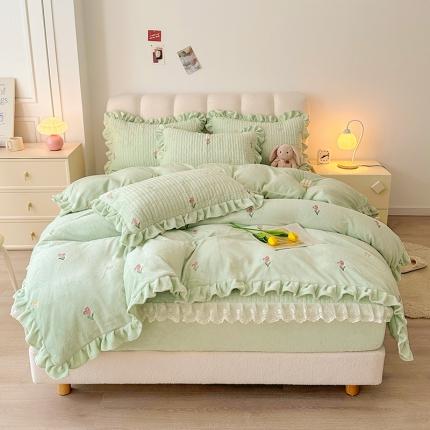 （总）宜凡 2023新款牛奶绒夹棉绗缝绣花床笠四件套