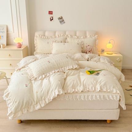 宜凡 2023新款牛奶绒夹棉绗缝绣花床笠四件套 丁香-奶白