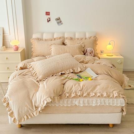 宜凡 2023新款牛奶绒夹棉绗缝绣花床笠四件套 路易-奶咖