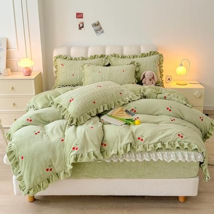 宜凡 2023新款牛奶绒夹棉绗缝绣花床笠四件套 樱桃-抹茶