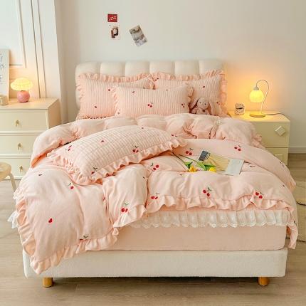 宜凡 2023新款牛奶绒夹棉绗缝绣花床笠四件套 樱桃-柔粉