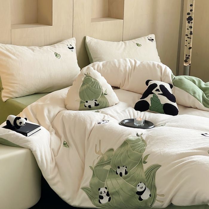 91家纺网 家纺一手货源 找家纺 安莱生活 2023年新品230克牛奶绒贴布绣系列四件套-夺笋系列 夺笋-春芽绿