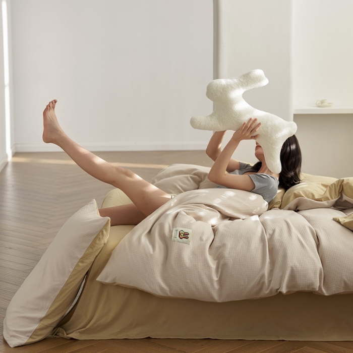 91家纺网 家纺一手货源 找家纺 安莱生活 2023年新品华夫格双面提花针织四件套 华夫格针织-茶杏