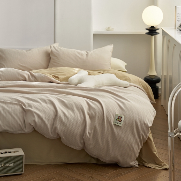 91家纺网 家纺一手货源 找家纺 安莱生活 2023年新品华夫格双面提花针织四件套 华夫格针织-茶杏