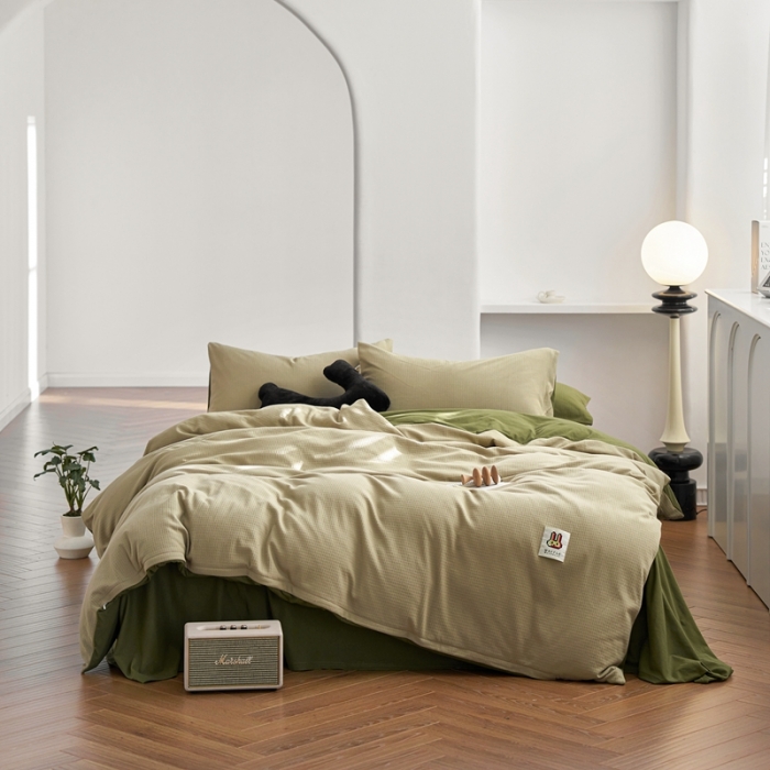 91家纺网 家纺一手货源 找家纺 安莱生活 2023年新品华夫格双面提花针织四件套 华夫格针织-柳染