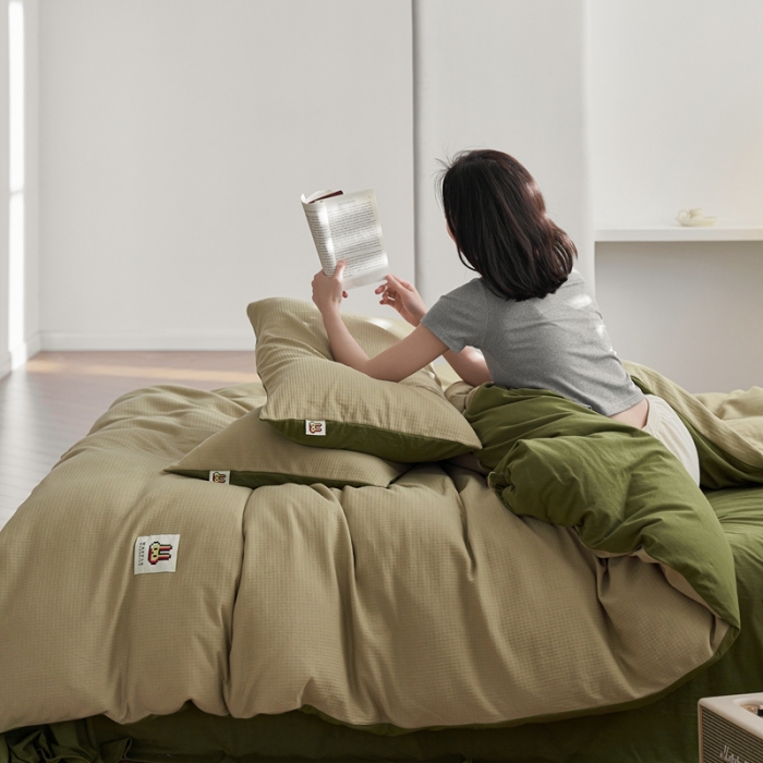 91家纺网 家纺一手货源 找家纺 安莱生活 2023年新品华夫格双面提花针织四件套 华夫格针织-柳染