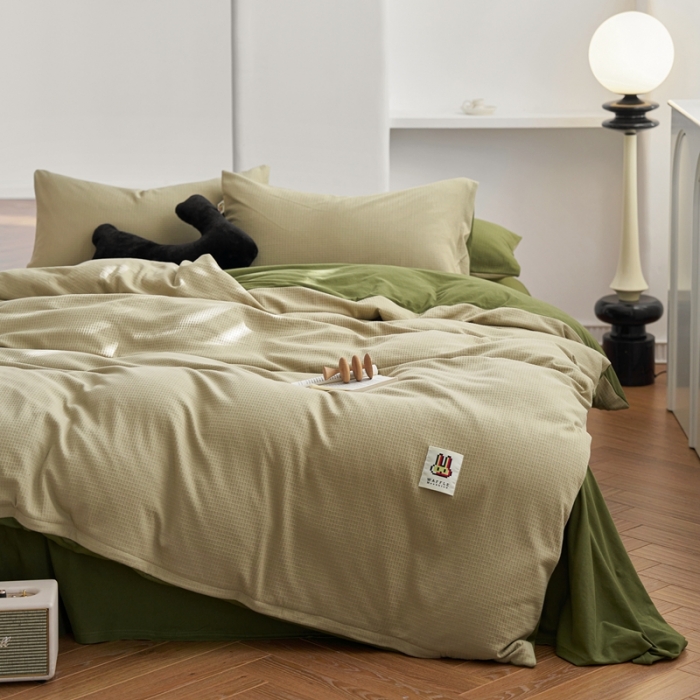 91家纺网 家纺一手货源 找家纺 安莱生活 2023年新品华夫格双面提花针织四件套 华夫格针织-柳染