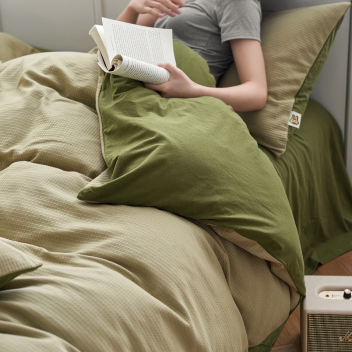 91家纺网 家纺一手货源 找家纺 安莱生活 2023年新品华夫格双面提花针织四件套 华夫格针织-柳染