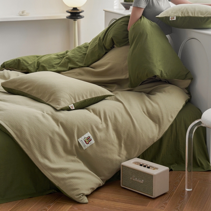 91家纺网 家纺一手货源 找家纺 安莱生活 2023年新品华夫格双面提花针织四件套 华夫格针织-柳染