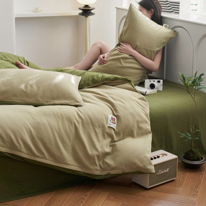 91家纺网 家纺一手货源 找家纺 安莱生活 2023年新品华夫格双面提花针织四件套 华夫格针织-柳染