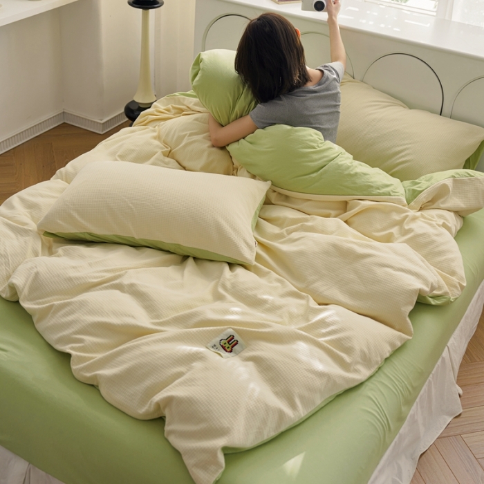 91家纺网 家纺一手货源 找家纺 安莱生活 2023年新品华夫格双面提花针织四件套 华夫格针织-绿芙