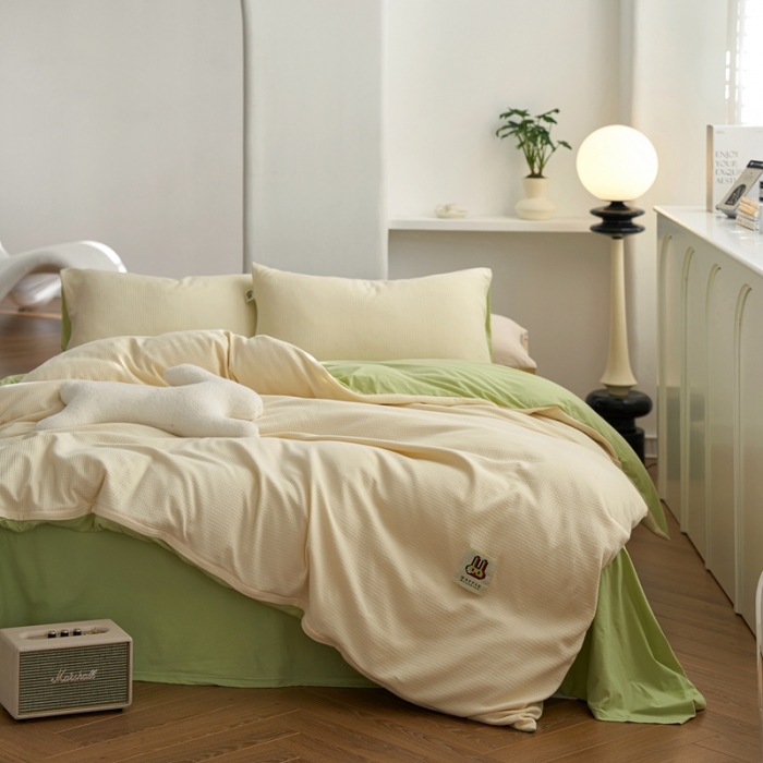 91家纺网 家纺一手货源 找家纺 安莱生活 2023年新品华夫格双面提花针织四件套 华夫格针织-绿芙