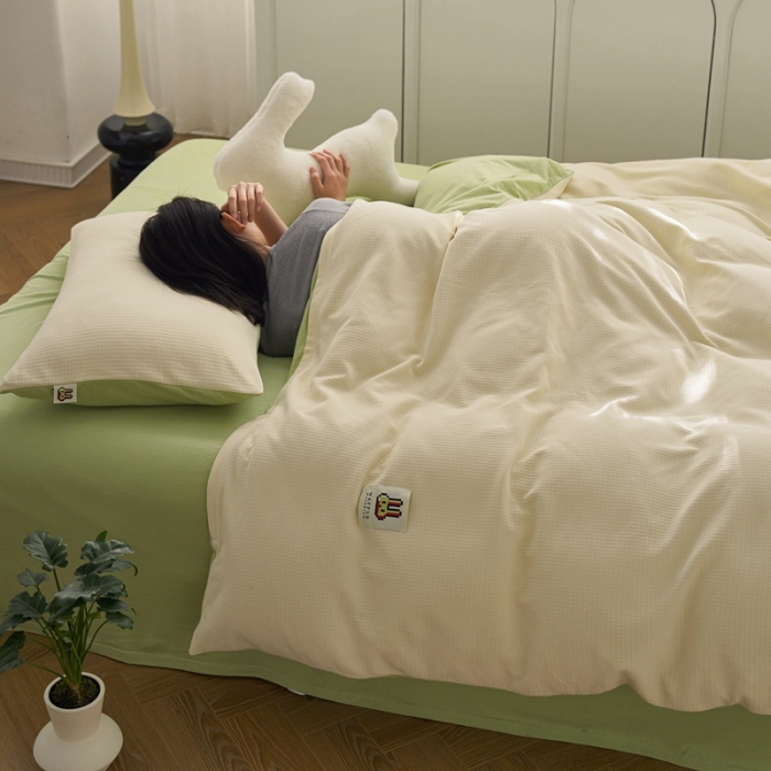 91家纺网 家纺一手货源 找家纺 安莱生活 2023年新品华夫格双面提花针织四件套 华夫格针织-绿芙