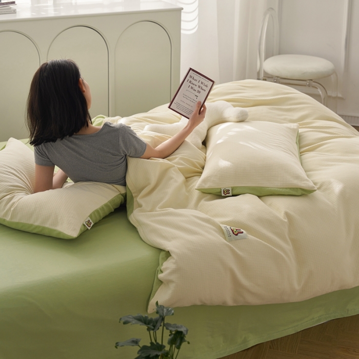 91家纺网 家纺一手货源 找家纺 安莱生活 2023年新品华夫格双面提花针织四件套 华夫格针织-绿芙