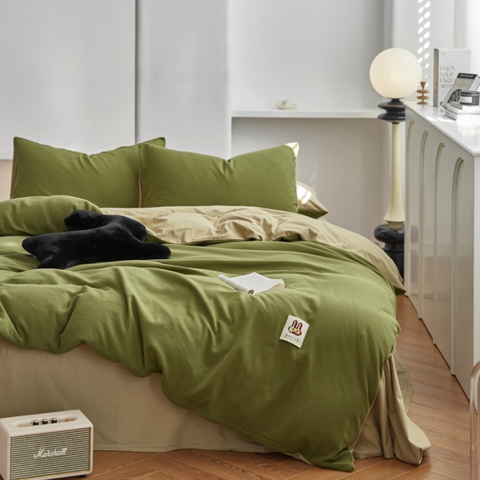 91家纺网 家纺一手货源 找家纺 安莱生活 2023年新品华夫格双面提花针织四件套 华夫格针织-绿蕉