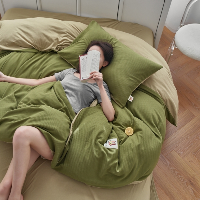 91家纺网 家纺一手货源 找家纺 安莱生活 2023年新品华夫格双面提花针织四件套 华夫格针织-绿蕉