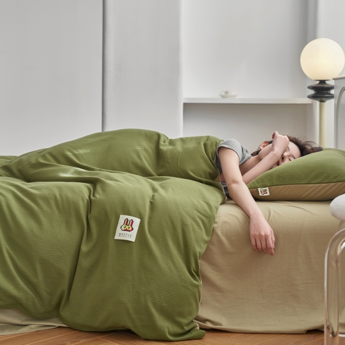 91家纺网 家纺一手货源 找家纺 安莱生活 2023年新品华夫格双面提花针织四件套 华夫格针织-绿蕉